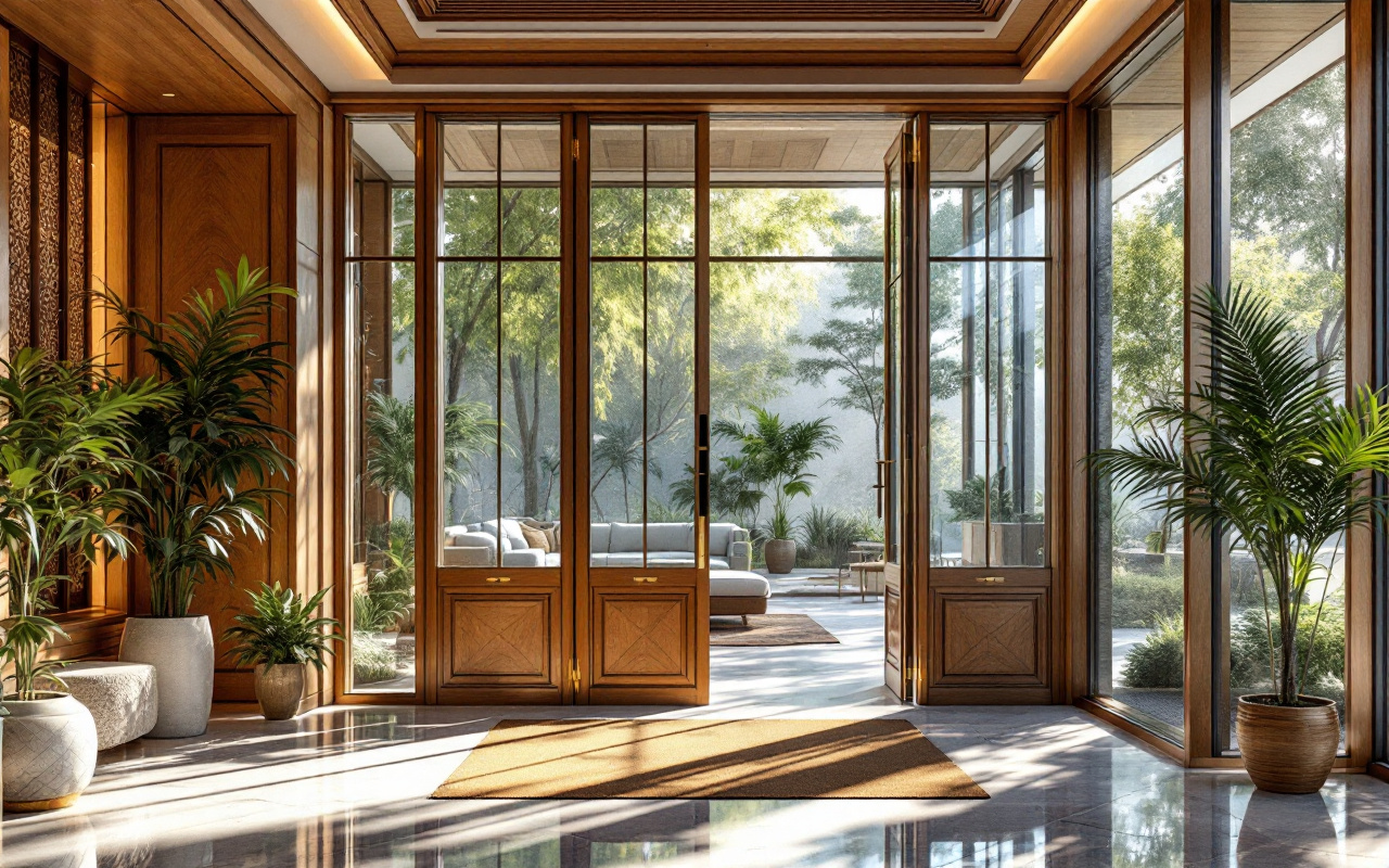 Une entrée élégante en verre et bois, baignée par la lumière du soleil, présentant des détails en bois avec une ambiance naturelle et accueillante.