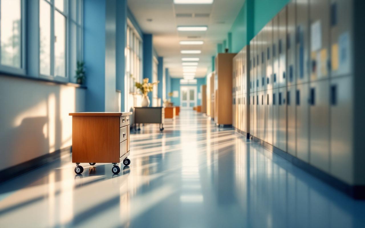 Couloir d'école lumineux avec mobilier mobile sur roulettes silencieuses, sols en lino, casiers le long des murs et grandes fenêtres laissant filtrer des rayons volumétriques, ambiance calme et ordonnée.
