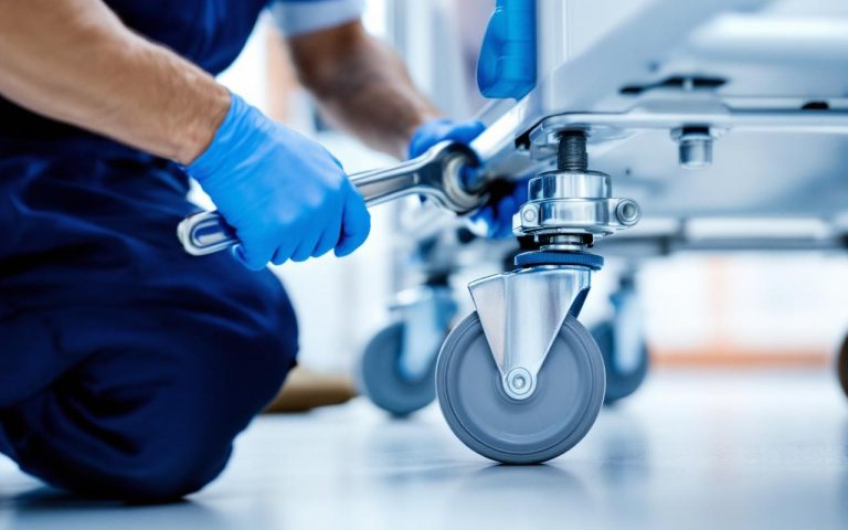 Ouvrier de maintenance vérifiant les roulettes d'un chariot d'hôpital dans un couloir clinique. Gros plan sur les mains gantées utilisant une clé, éclairage volumétrique doux, couleurs dominantes blanc et bleu, ambiance calme et professionnelle.