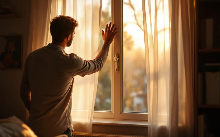 Locataire vérifiant les courants d'air d'une fenêtre dans un petit studio : personne en tenue décontractée penchée vers la fenêtre, main au niveau du joint, rideaux légers, lumière matinale dorée filtrant à travers la vitre, ambiance chaude et cosy, textures réalistes.