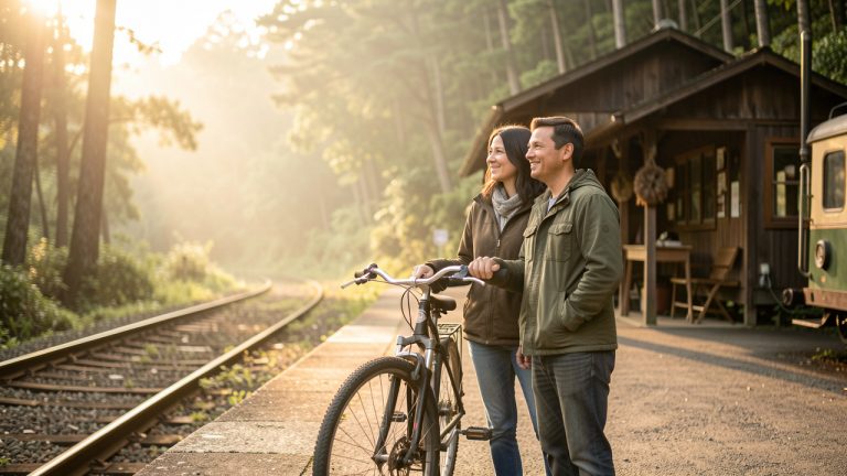 Couple en vacances écoresponsables devant un train, avec un vélo et un hébergement au cœur de la nature, sous une lumière douce et apaisante.