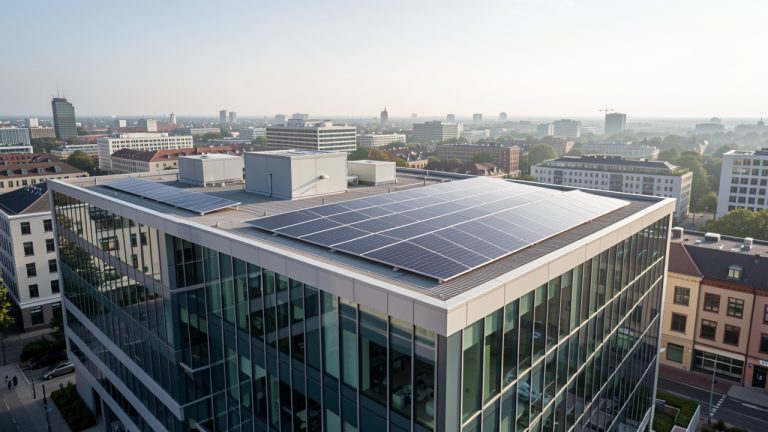 Toiture solaire moderne sur un bâtiment tertiaire, vue urbaine avec lumière naturelle et ambiance durable professionnelle.