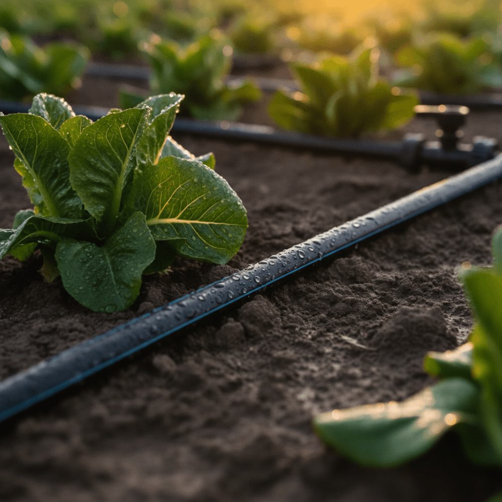 Système d'irrigation goutte-à-goutte en fonctionnement avec gouttelettes d'eau sur cultures maraîchères pour optimisation de l'irrigation