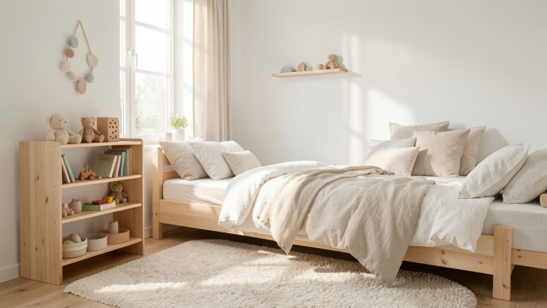 Chambre d’enfant lumineuse en bois clair, style scandinave, avec textiles naturels, tapis en laine et ambiance douce et durable.