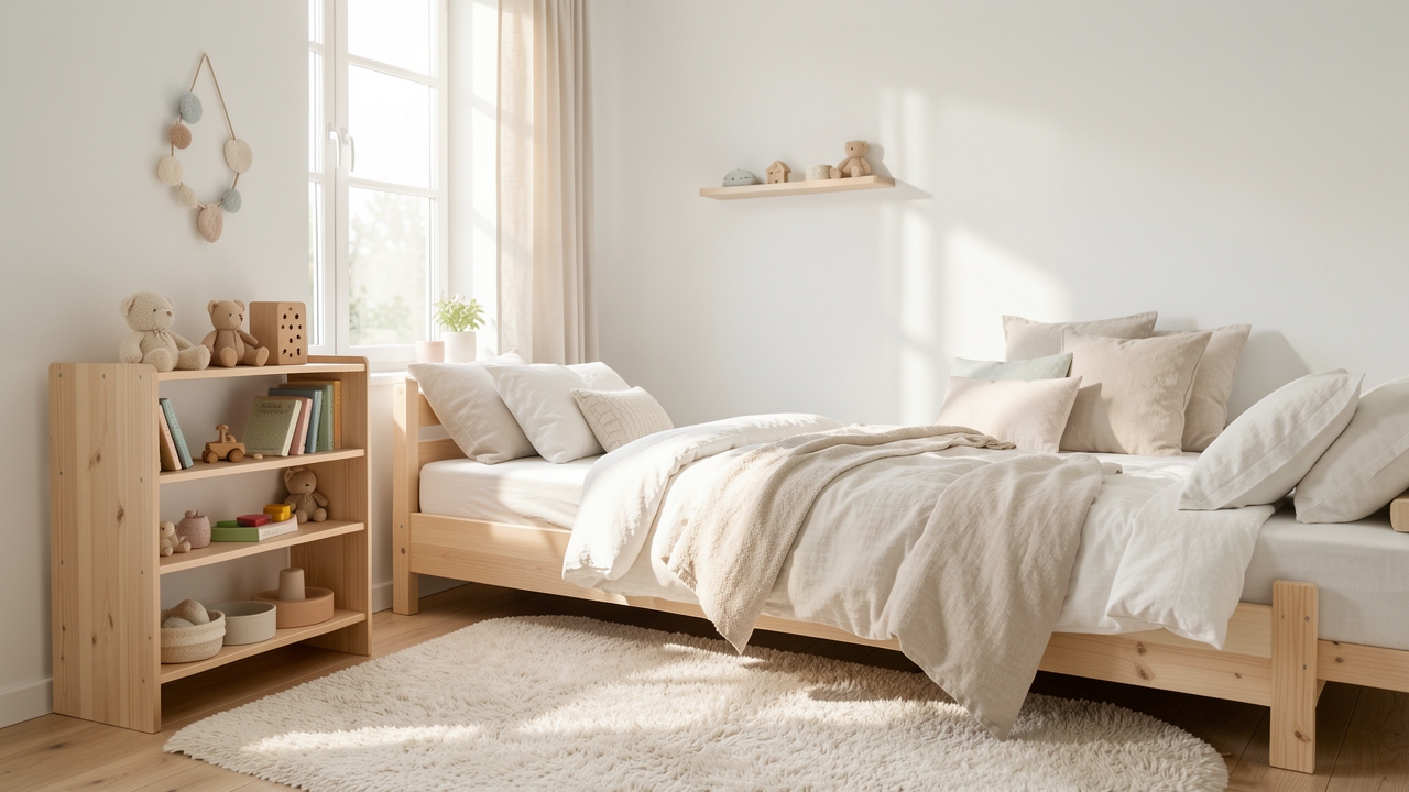 Chambre d’enfant lumineuse en bois clair, style scandinave, avec textiles naturels, tapis en laine et ambiance douce et durable.