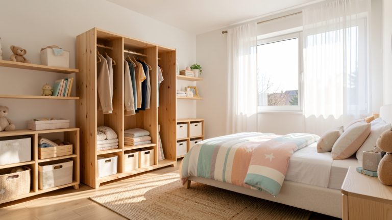 Chambre d’enfant lumineuse avec meubles en bois durable, ambiance naturelle, rangement épuré et lumière du jour entrant par une grande fenêtre.