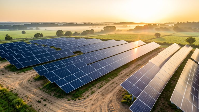 Champ solaire moderne au lever du jour, panneaux photovoltaïques alignés dans un paysage naturel, lumière dorée et ambiance durable et lumineuse.