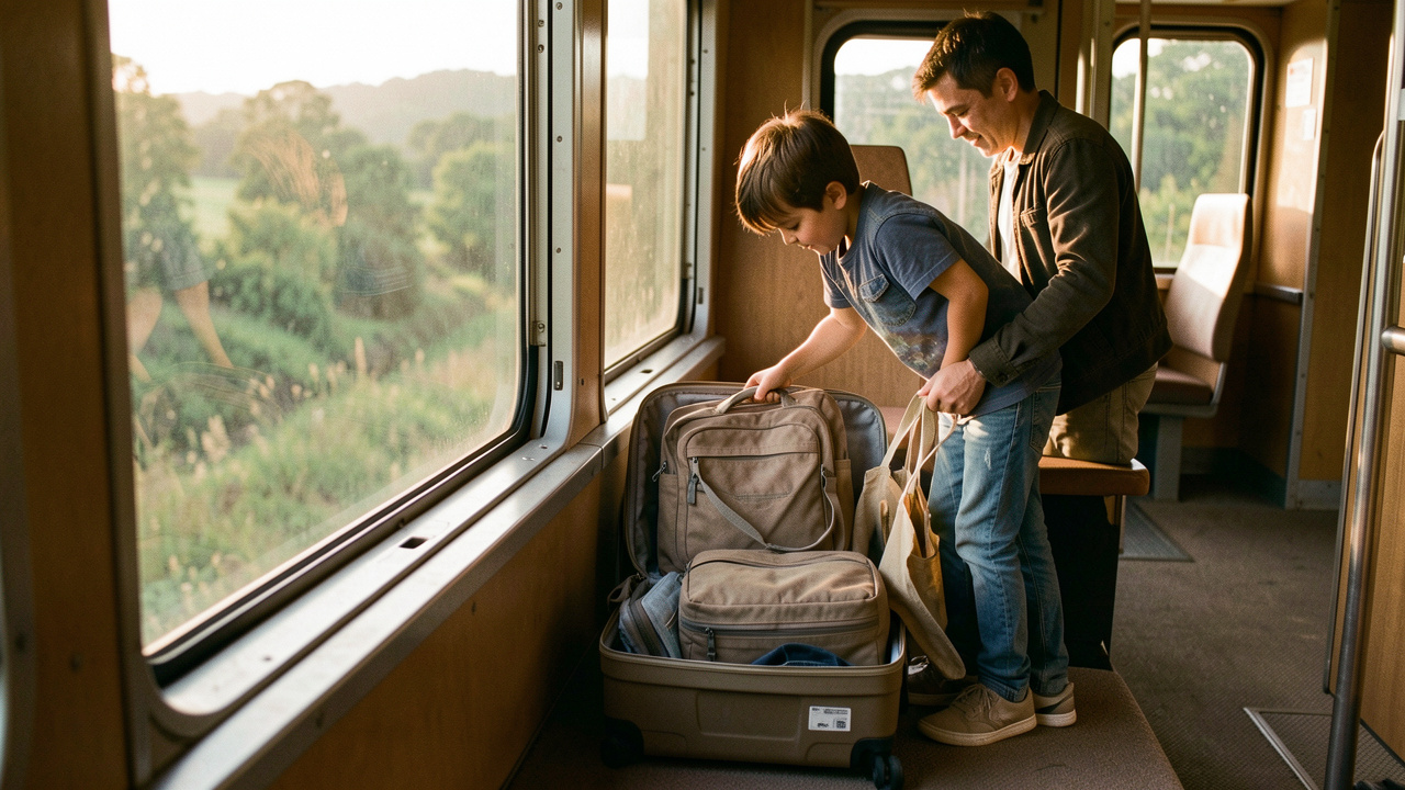 Une famille prépare des vacances responsables avec des valises réutilisables près d’un train, dans une ambiance naturelle et apaisante, avec un paysage verdoyant à la fenêtre.