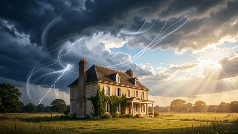 Maison individuelle française sous un ciel contrasté, avec de sombres nuages de tempête, des éclaircies lumineuses et des courants atmosphériques évoquant le courant-jet.