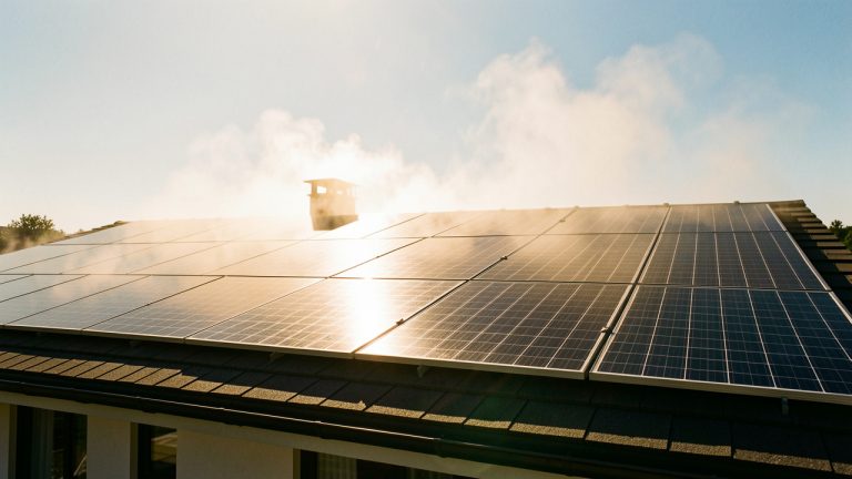 Toit d’une maison avec des panneaux solaires, sous un ciel brûlant de canicule, l’air semblant onduler au-dessus de la toiture.