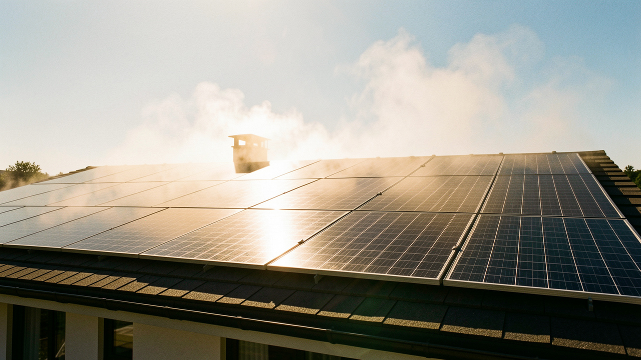 Toit d’une maison avec des panneaux solaires, sous un ciel brûlant de canicule, l’air semblant onduler au-dessus de la toiture.
