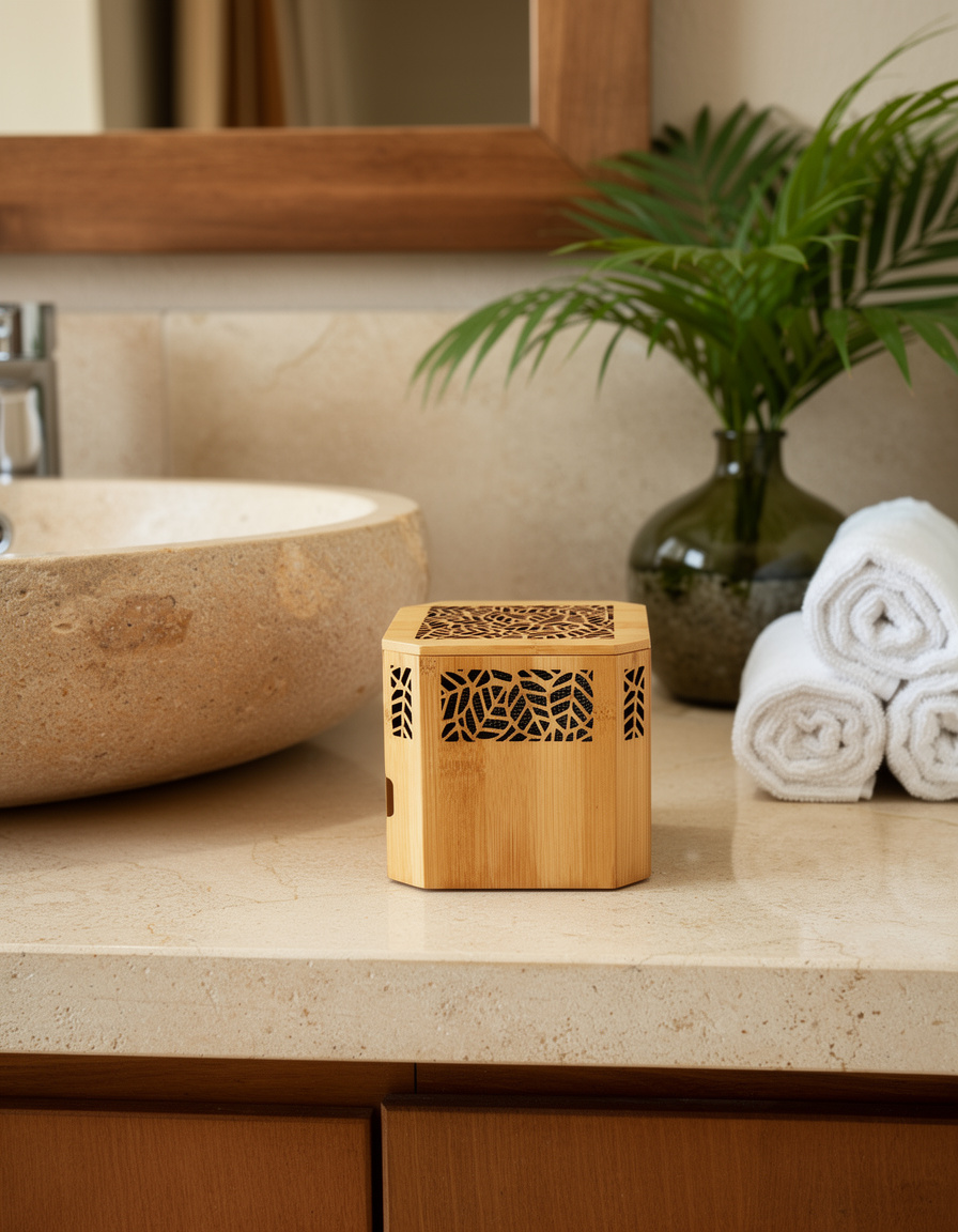 Petite salle de bain présentant un absorbeur d’humidité en bambou avec recharge, une bouche de VMC au plafond et un déshumidificateur électrique installé sur une zone sèche, à distance des projections d’eau.