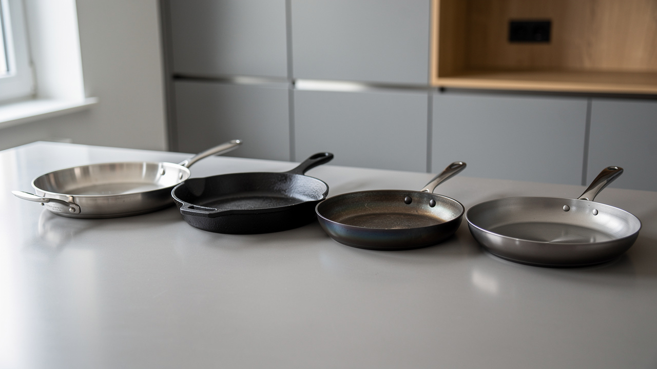Quatre poêles aux finitions différentes, en inox, fonte, acier carbone et métal revêtu de titane, disposées sur un plan de travail dans une cuisine sobre.