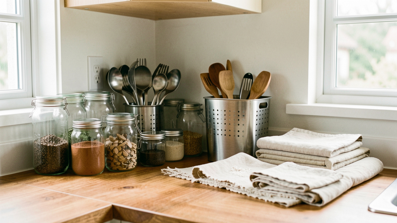 Cuisine lumineuse et durable avec bocaux en verre, ustensiles en inox, composteur de comptoir et linges réutilisables.