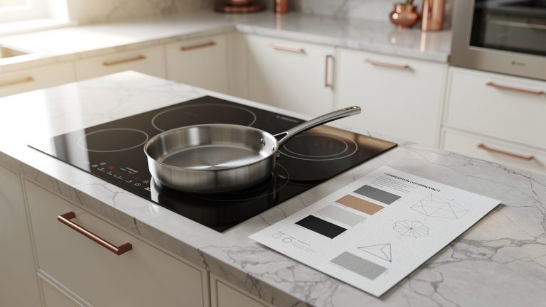 Cuisine lumineuse présentant une poêle moderne sur une plaque à induction, avec une fiche visuelle vierge illustrant la composition du revêtement à côté.