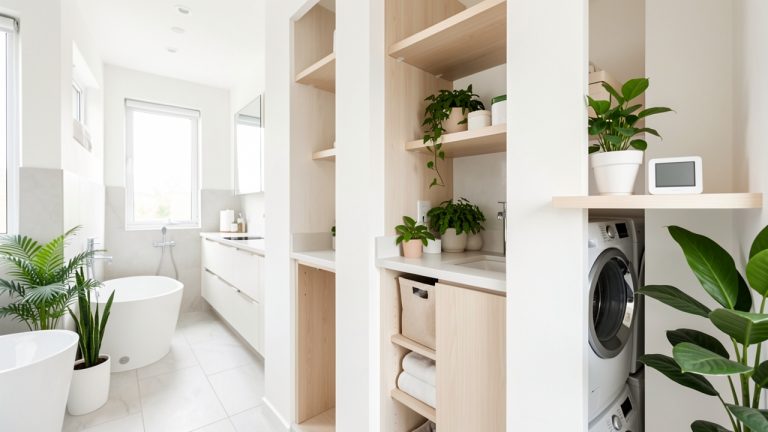 Intérieur lumineux et aéré réunissant une salle de bain, une cuisine et une buanderie, décoré de plantes vertes et d’un hygromètre discret.