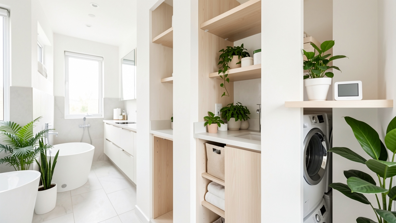 Intérieur lumineux et aéré réunissant une salle de bain, une cuisine et une buanderie, décoré de plantes vertes et d’un hygromètre discret.
