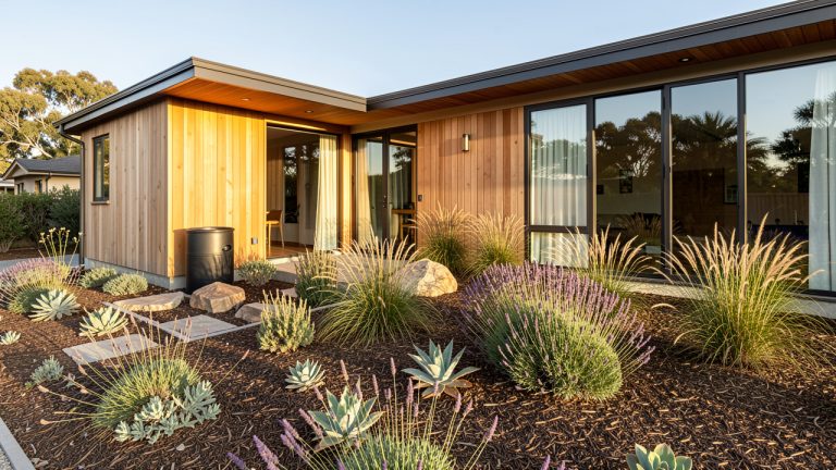 Maison écologique entourée d’un jardin paillé, avec un récupérateur d’eau discret et des végétaux résistants sous un soleil estival.