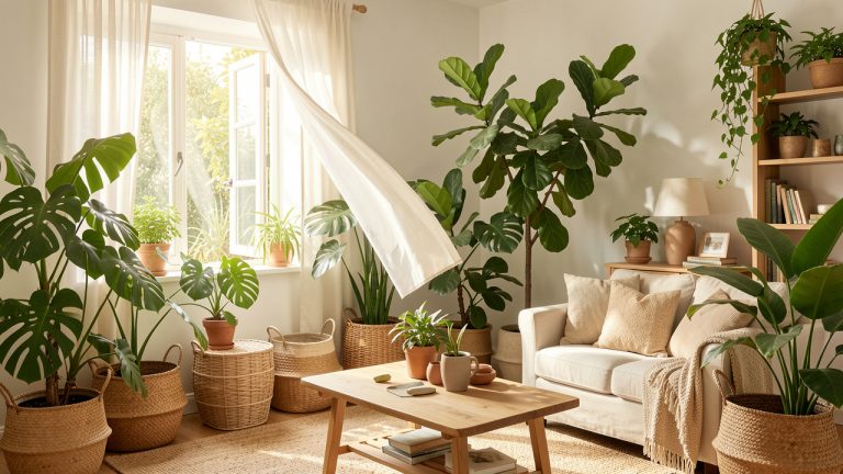 Salon lumineux et végétalisé avec une fenêtre ouverte, des plantes vertes, du mobilier en bois naturel et une ambiance saine et écologique.