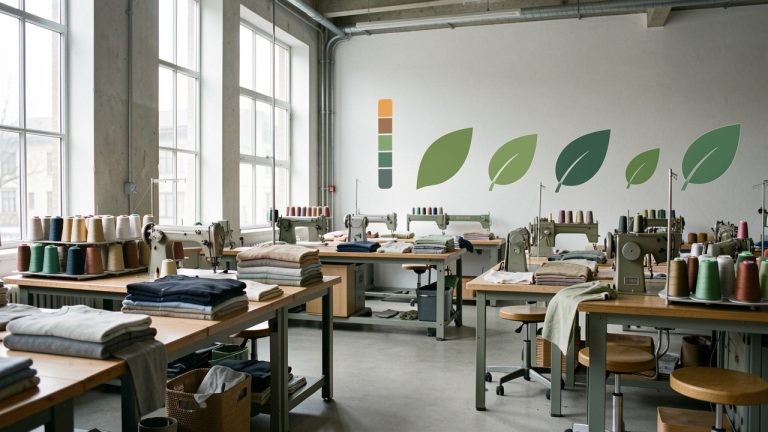 Atelier textile moderne éclairé par la lumière naturelle, avec bobines de fil, vêtements, machines à coudre et indicateurs visuels abstraits de l’empreinte carbone dans des teintes sobres.