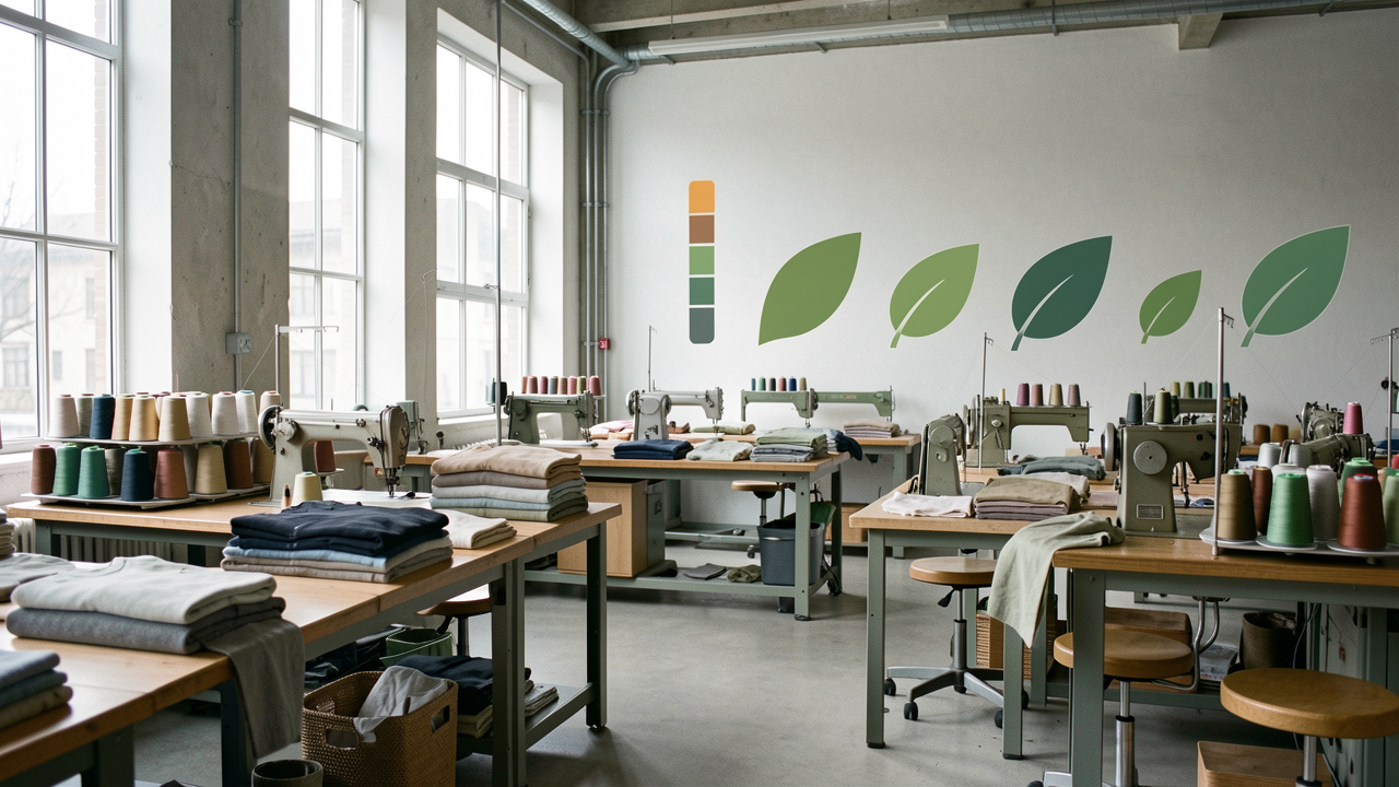 Atelier textile moderne éclairé par la lumière naturelle, avec bobines de fil, vêtements, machines à coudre et indicateurs visuels abstraits de l’empreinte carbone dans des teintes sobres.