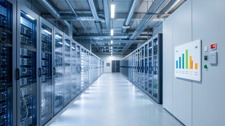 Centre de données moderne à Bruxelles avec des rangées de serveurs éclairés et un couloir de refroidissement aux indicateurs énergétiques abstraits.