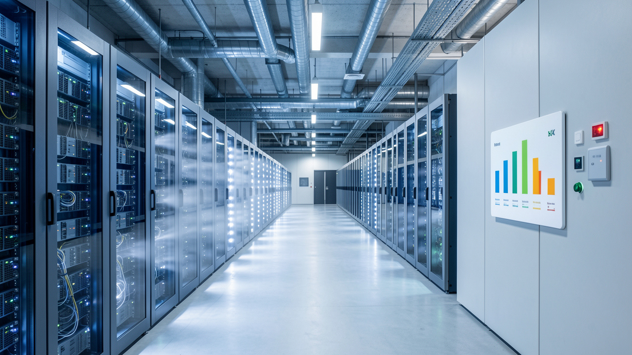 Centre de données moderne à Bruxelles avec des rangées de serveurs éclairés et un couloir de refroidissement aux indicateurs énergétiques abstraits.