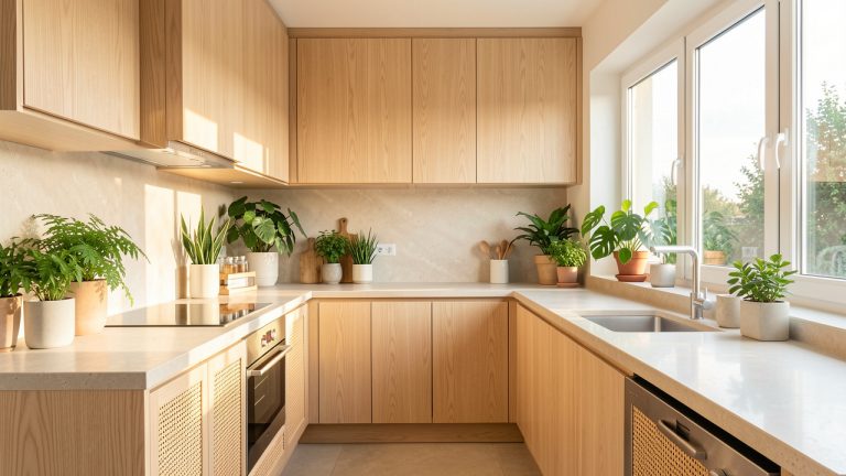 Cuisine lumineuse rénovée avec meubles en bois clair, matériaux naturels, surfaces en pierre pâle et plantes vertes.