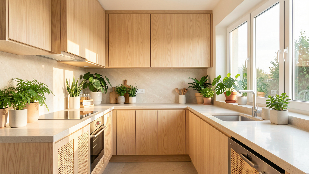 Cuisine lumineuse rénovée avec meubles en bois clair, matériaux naturels, surfaces en pierre pâle et plantes vertes.