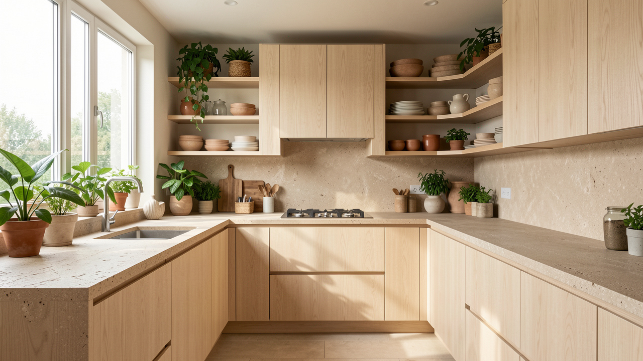Cuisine rénovée et lumineuse avec meubles en bois clair, matériaux recyclés, plantes vertes et rangements durables.