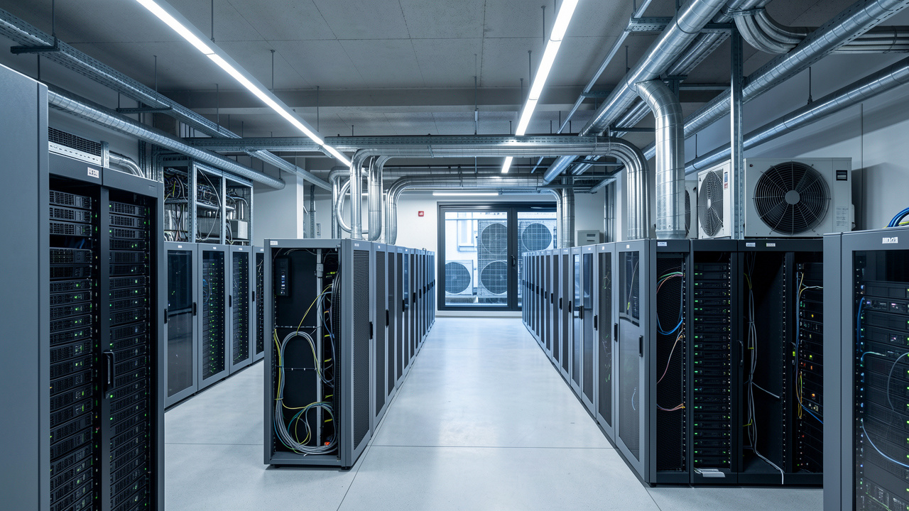 Vue réaliste d’un centre de données moderne avec racks informatiques haute densité, tuyauteries de refroidissement liquide et échangeurs secs extérieurs dans une ambiance industrielle sobre.