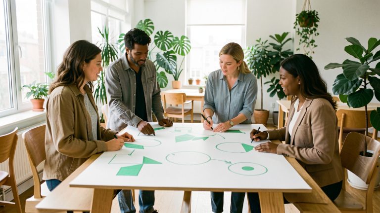 Une équipe composée d’un homme et de deux femmes échange autour d’un tableau de stratégie écologique dans un bureau lumineux décoré de plantes.