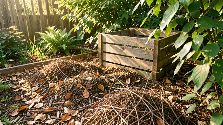 Jardin écologique lumineux avec un composteur en bois, du paillage végétal, des feuilles et des branches broyées au sol.