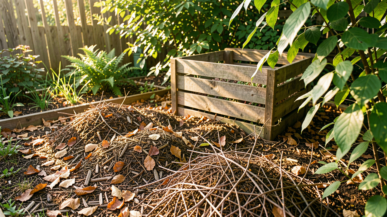 Jardin écologique lumineux avec un composteur en bois, du paillage végétal, des feuilles et des branches broyées au sol.