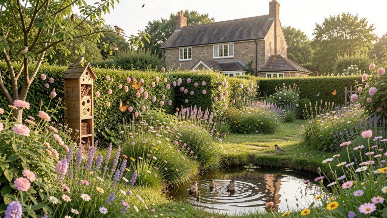 Jardin écologique autour d’une maison avec haies fleuries, hôtel à insectes, oiseaux et lumière douce.
