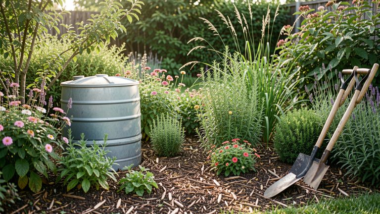 Jardin écologique luxuriant avec récupérateur d’eau, paillage naturel, plantes locales et outils manuels.