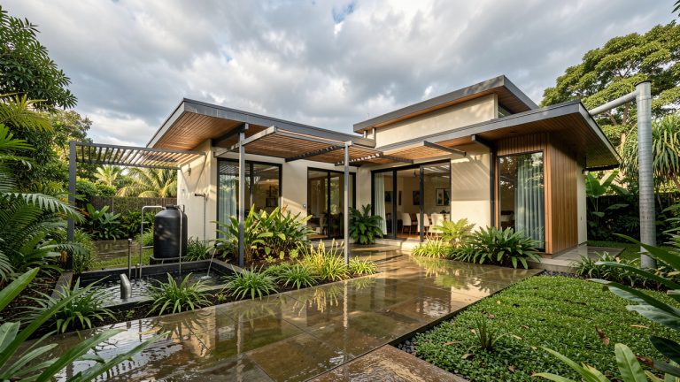 Maison écologique entourée de végétation luxuriante, équipée d’un récupérateur d’eau et de protections extérieures, sous un ciel changeant après la pluie.