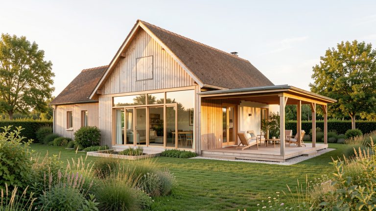 Maison écologique contemporaine inspirée d’un hangar agricole en bois, avec une véranda lumineuse et une terrasse couverte orientée au sud, dans le paysage verdoyant du Marais poitevin.