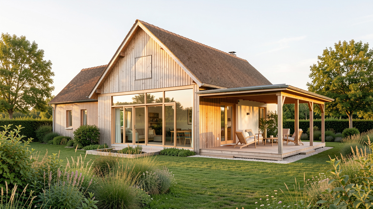 Maison écologique contemporaine inspirée d’un hangar agricole en bois, avec une véranda lumineuse et une terrasse couverte orientée au sud, dans le paysage verdoyant du Marais poitevin.