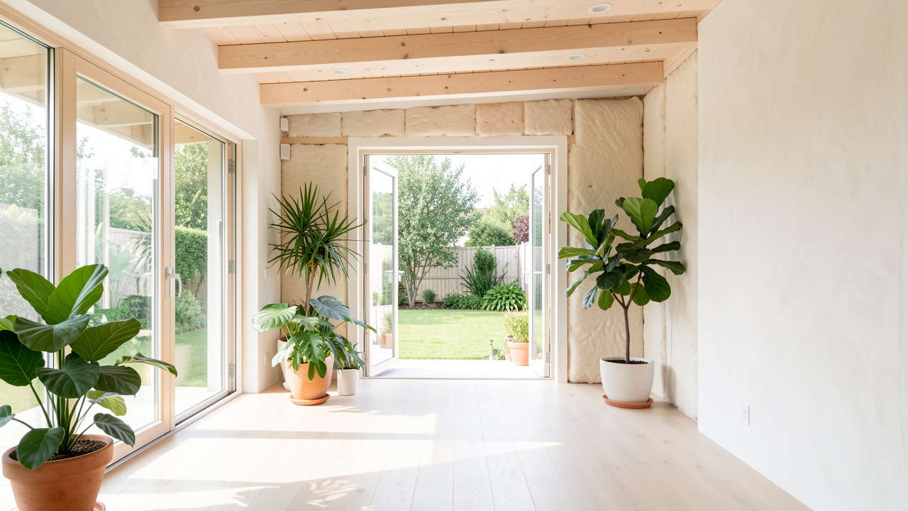 Intérieur lumineux d’une maison écologique avec fenêtres ouvertes, plantes vertes, matériaux naturels et ambiance saine.
