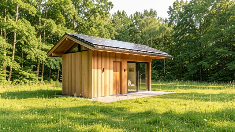 Petit bâtiment d’accueil contemporain en bois avec toiture photovoltaïque, grandes avancées de toit, prairie verdoyante et arbres caducs sous une lumière estivale.