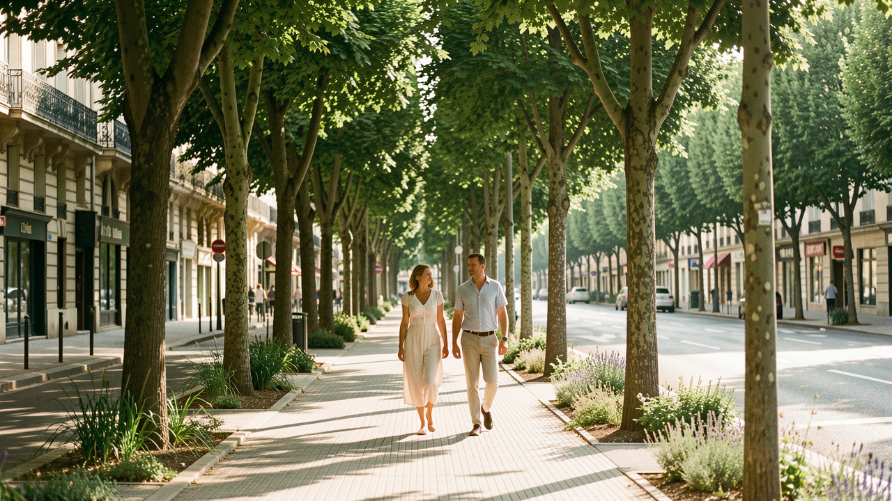 Rue urbaine française pendant une canicule, bordée d’arbres qui offrent de l’ombre, avec un trottoir perméable et deux habitants à pied.