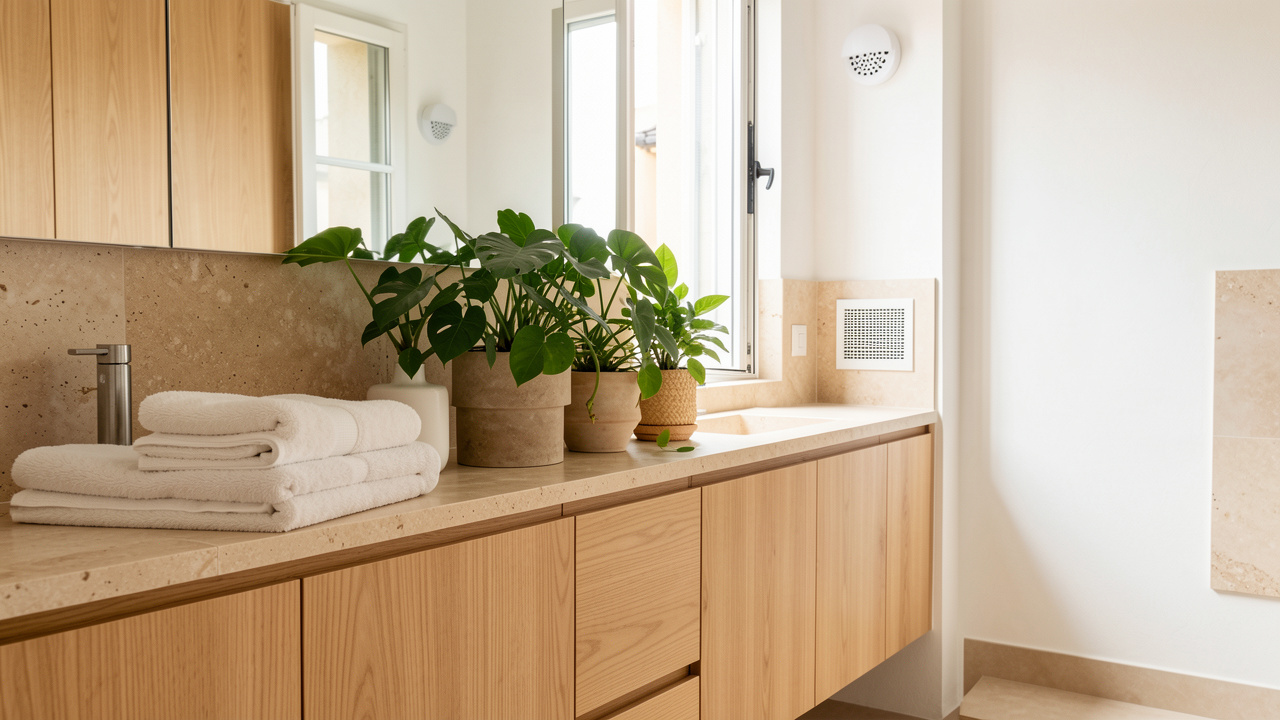 Salle de bain lumineuse et écologique avec fenêtre entrouverte, plantes vertes, serviettes sèches, matériaux naturels et ventilation discrète.