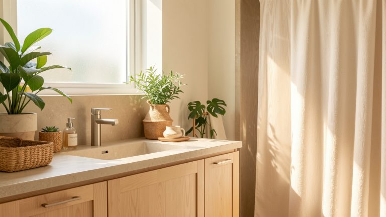 Salle de bains lumineuse et écoresponsable avec bois clair, plantes vertes, surfaces minérales et robinetterie sobre dans une ambiance naturelle.
