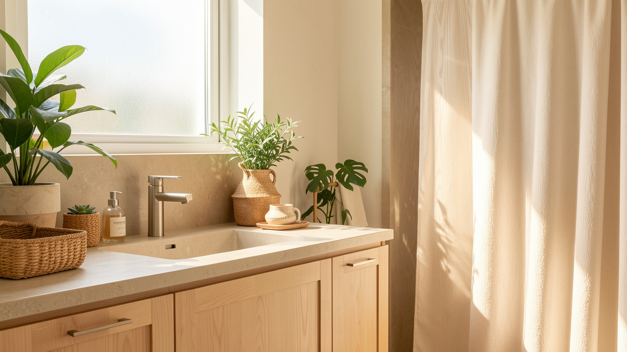 Salle de bains lumineuse et écoresponsable avec bois clair, plantes vertes, surfaces minérales et robinetterie sobre dans une ambiance naturelle.