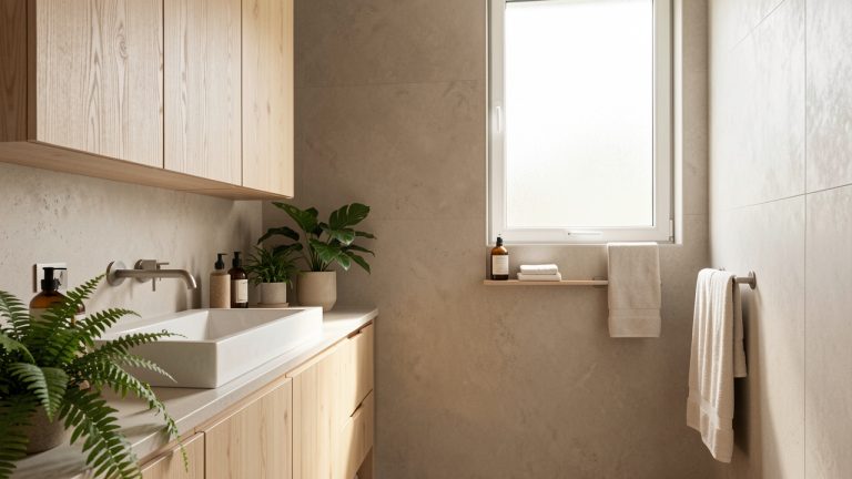 Salle de bains lumineuse et écologique avec bois clair, plantes vertes, surfaces minérales et robinetterie sobre.