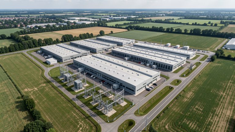 Vue aérienne réaliste d’un data center français moderne avec postes électriques, routes et paysage périurbain sous une lumière naturelle.