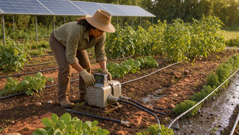 Une agricultrice contrôle une pompe solaire et un système d’irrigation goutte-à-goutte dans un potager luxuriant, avec des panneaux photovoltaïques en arrière-plan.