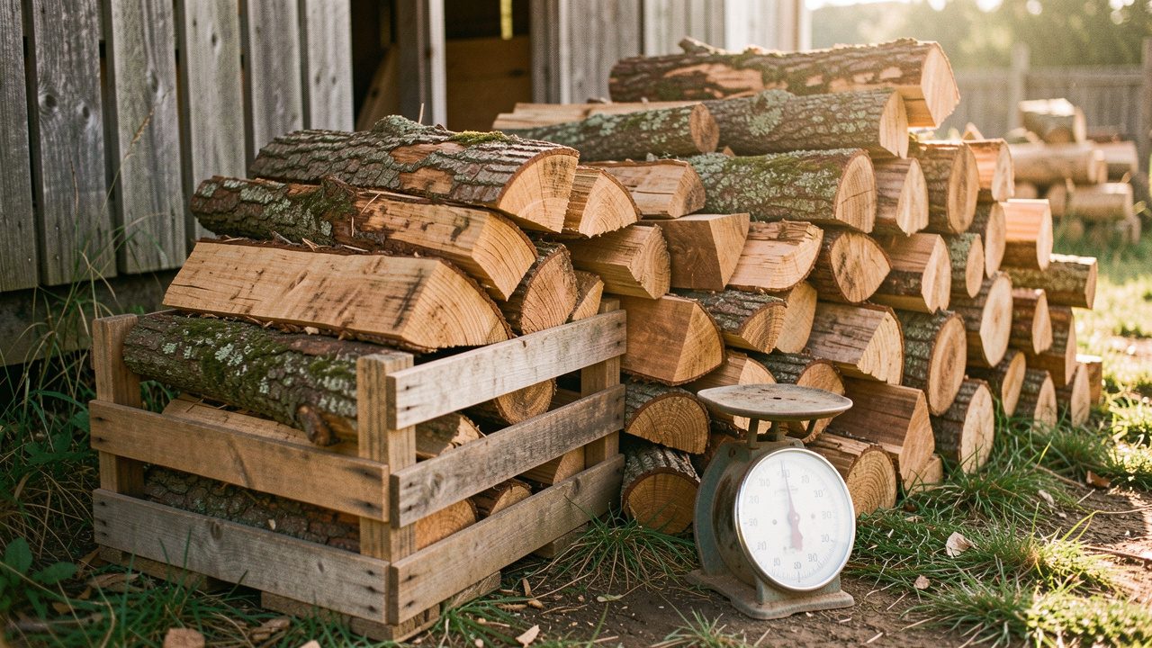 Tas de bois de chauffage soigneusement empilé dans une cour rurale, avec une caisse de mesure et une balance.