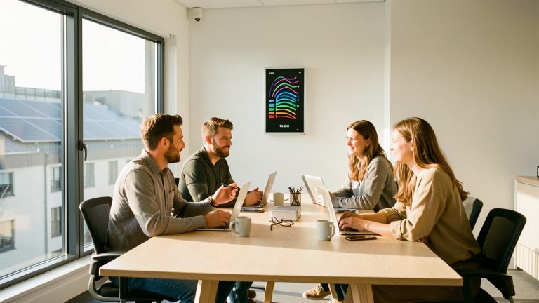 Bureau moderne et lumineux avec panneaux solaires visibles par les fenêtres, compteur énergétique et deux hommes et deux femmes réunis autour d’une table.